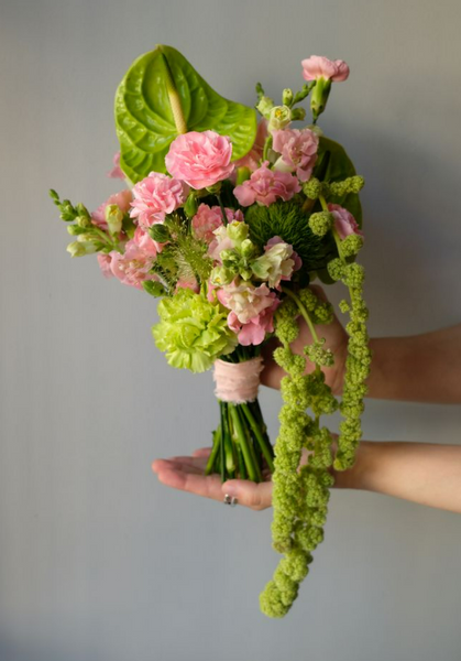 Bright pink and green bridal bouquet