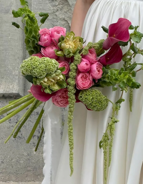 Bright pink and green bridal bouquet